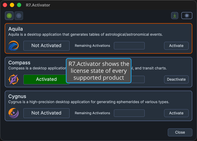 The R7.Activator main window listing Aquila, Compass, and Cygnus with their activation status
