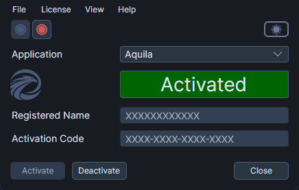 License status display showing Activated state with masked credentials and remaining activations