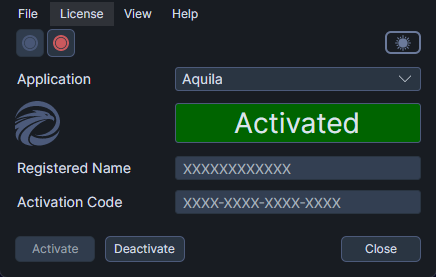 License status display showing Not Activated state with empty credential fields