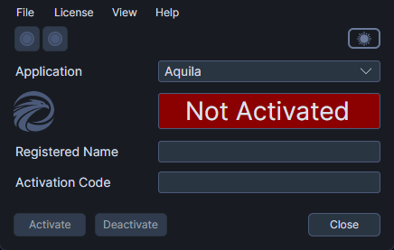 Main window layout showing menu bar, toolbar, application dropdown, content area, and bottom buttons