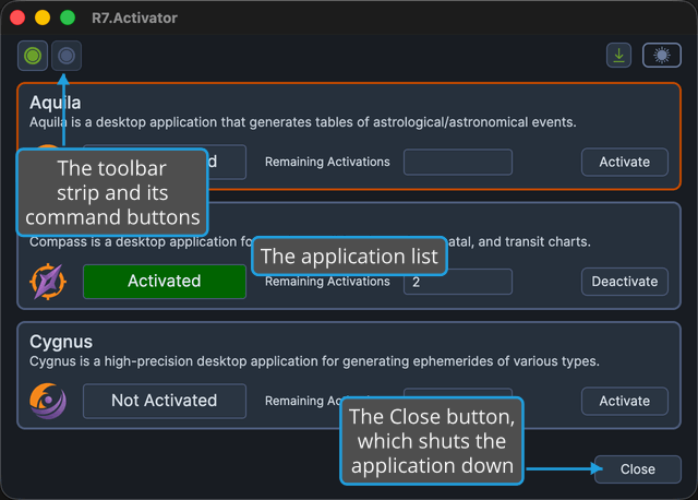 The main window on macOS, showing the toolbar, the application list, and the Close button