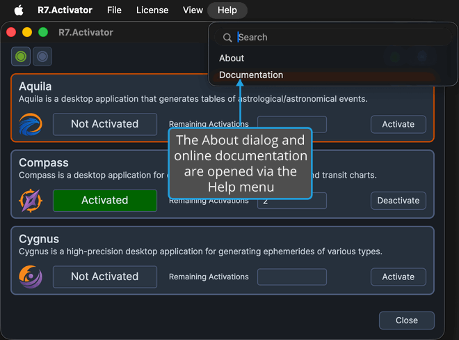 The Help menu open on macOS, showing the About (About Dialog on Windows) and Documentation commands