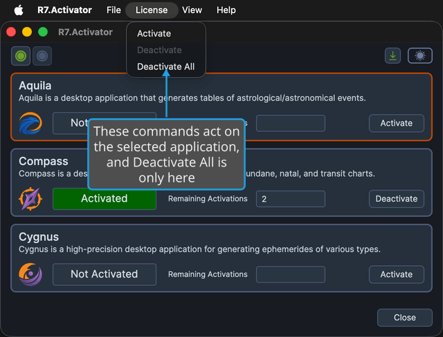 The License menu open, showing Activate, Deactivate, and Deactivate All