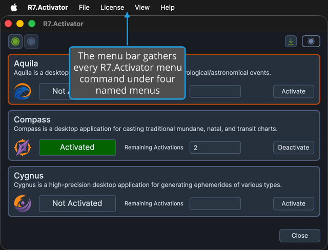 The menu bar showing the File, License, View, and Help menus