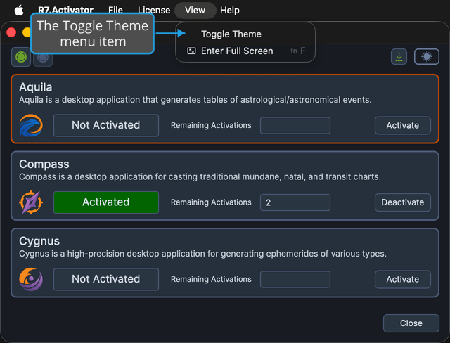 The View menu open, showing the Toggle Theme command