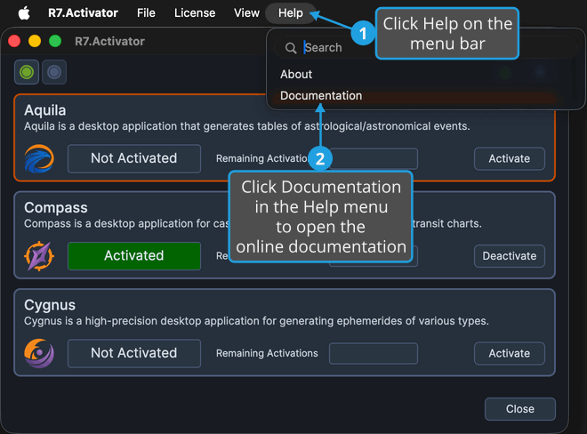 Choosing Documentation from the Help menu