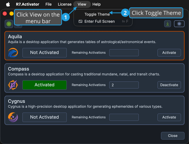 Choosing Toggle Theme from the View menu
