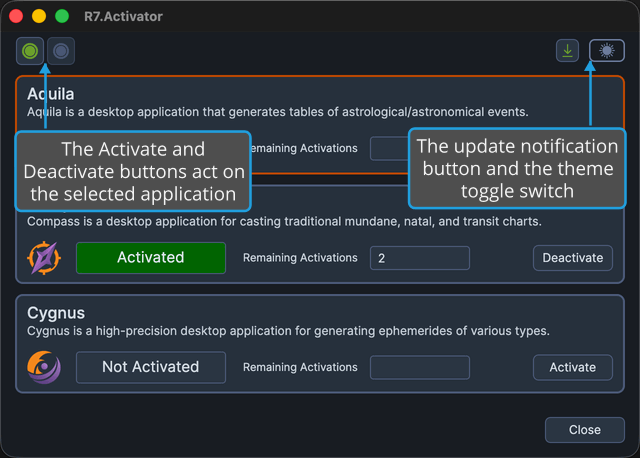 The toolbar's license command buttons and its update and theme buttons