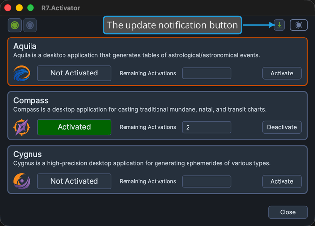 The update notification button at the right end of the toolbar